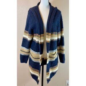 Fate Dark Blue Striped Hooded Open Sweater with Pockets Women’s XL